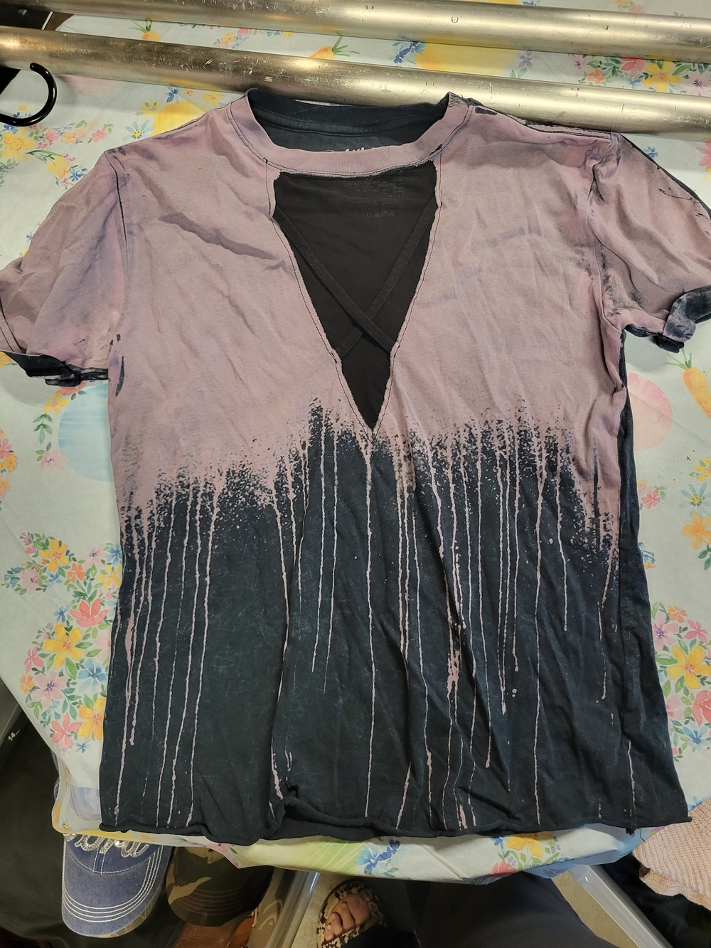 Affliction Pink to Black Ombre Distressed V-Neck Tee